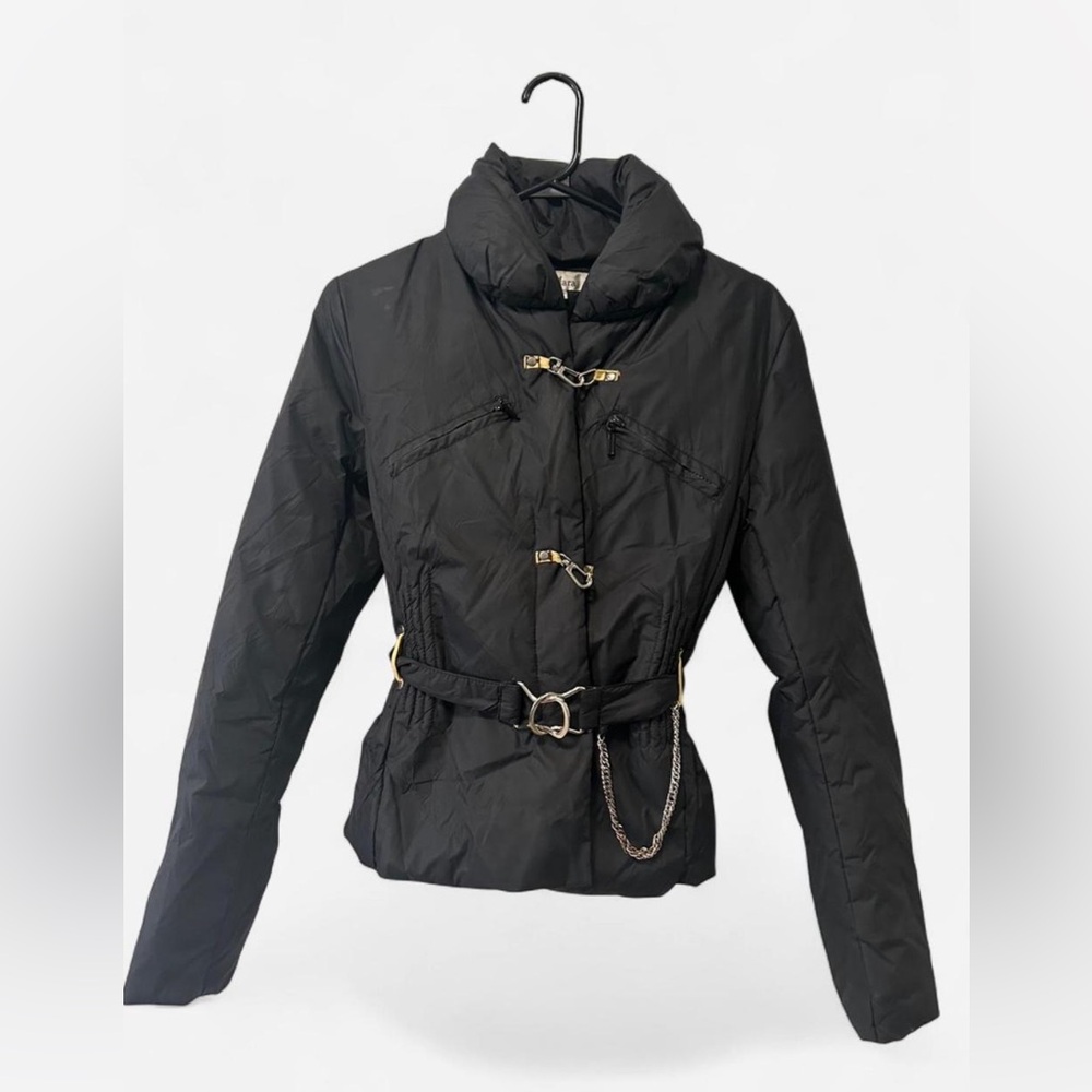MaxMara Black Puffer Jacket with Fireman clasps and chain Detail